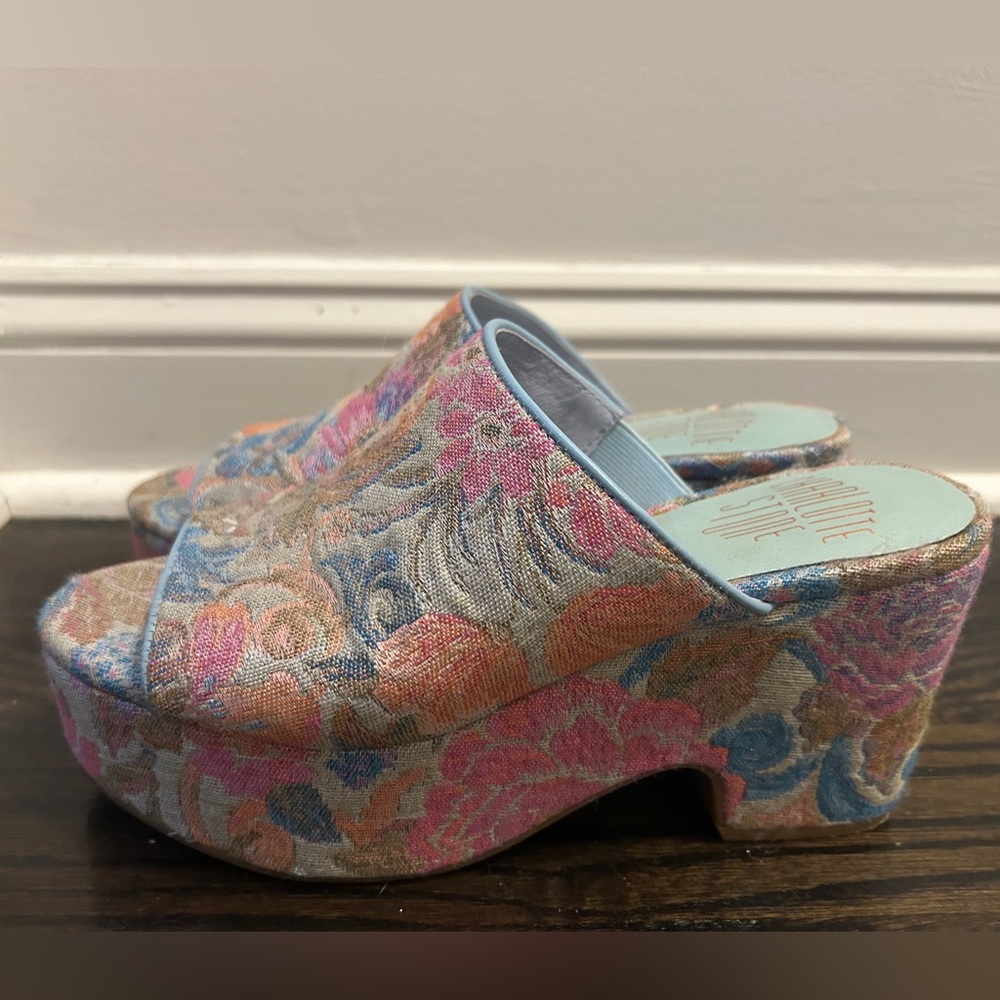 Charlotte Stone brocade platform flatform slide clogs 70s size 8